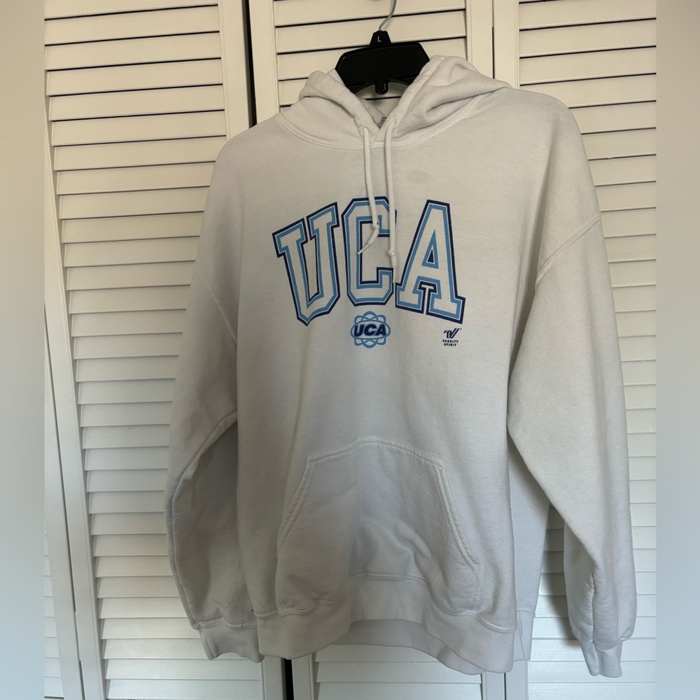 Varsity UCA White Hoodie with Blue Lettering